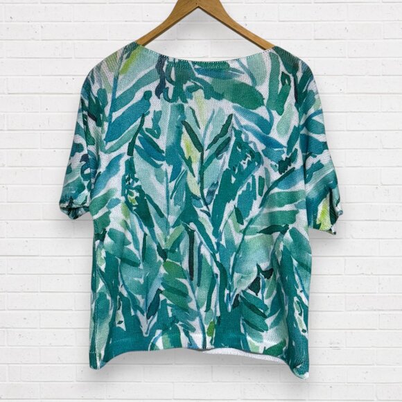 LUISA RICCI Green Leaf Tropical Short Sleeve Summer Knit Lightweight Sweater M - Picture 2 of 5